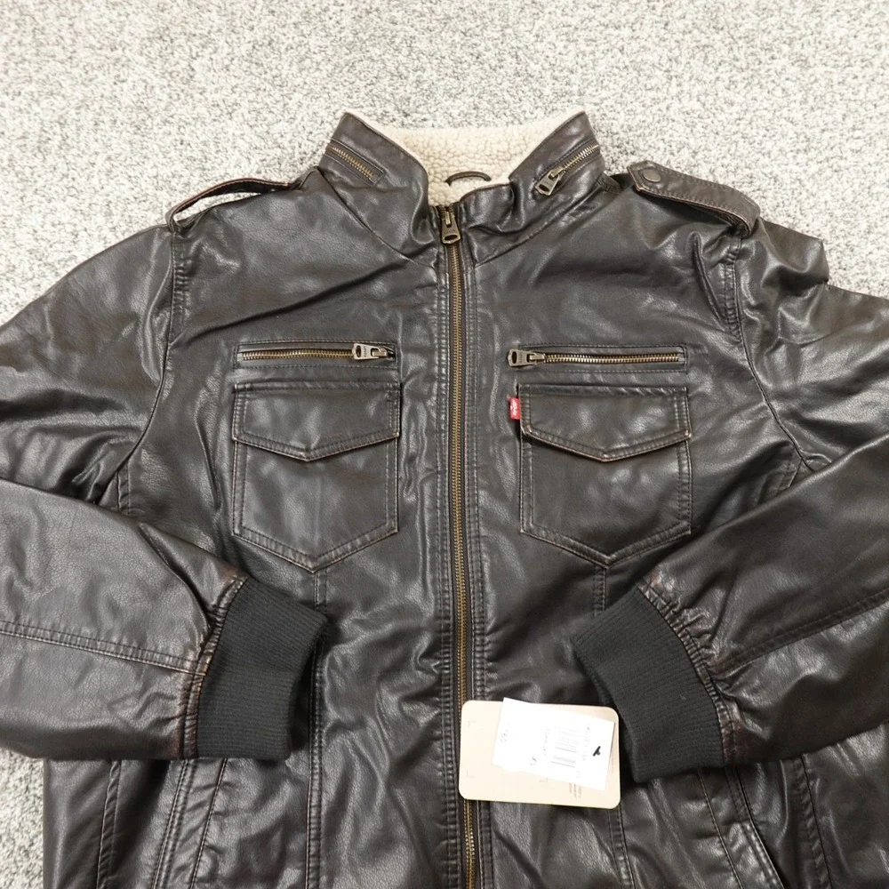 NEW Levis Jacket Mens XL Brown Sherpa Lined Faux Leather Trucker Bomber Coat Zip